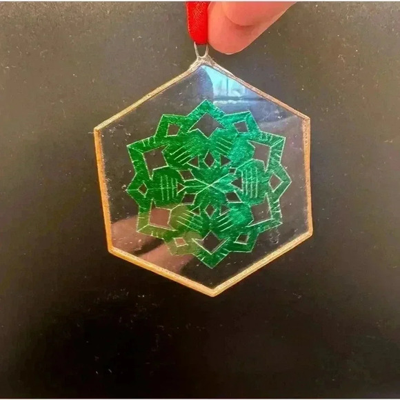 2 Vintage Glass Christmas Ornaments Hexagon shaped foil snowflake copper edge - Picture 2 of 9